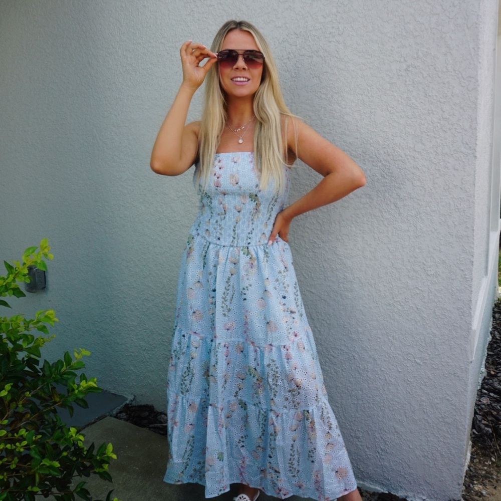 Strapless Light Blue Floral Midi Dress - Picture 2 of 4